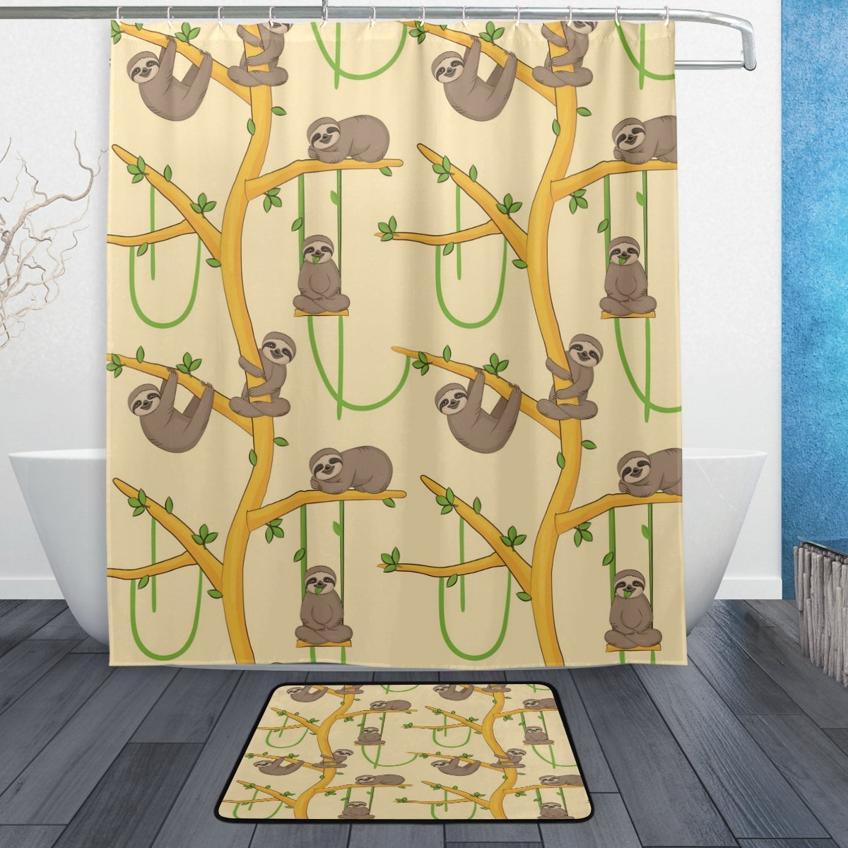 나무에 귀여운 나태 후크와 방수 폴리 에스터 직물 샤워 커튼 doormat 목욕 바닥 매트 욕실 홈 장식